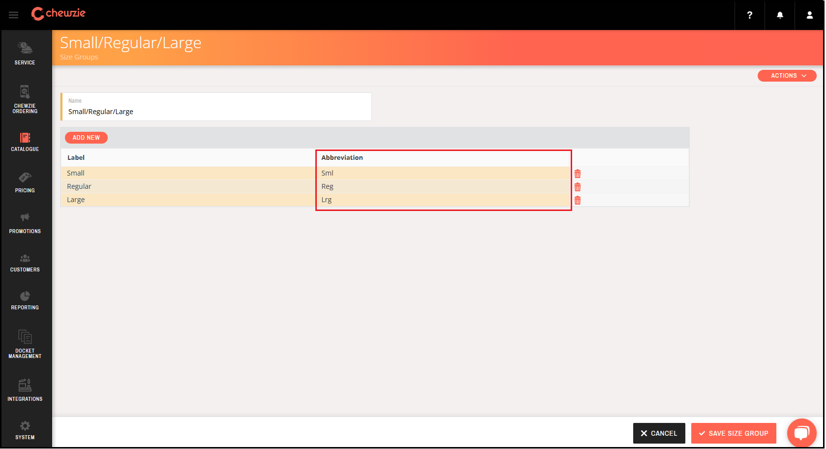 Displaying Available Sizes in Menu Item List